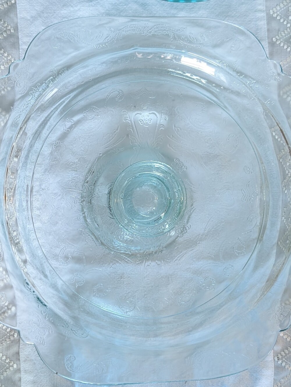 Indiana Glass "Recollection" (Madrid pattern) teal aquamarine footed cake stand.